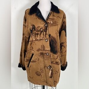 EUC! North River Tan Horse Print Jacket with Corduroy Size M